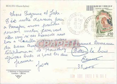 Beaujeu — widok panoramiczny z zamekiem, mostem, budynkiem i bramą — Wydawnictwo i Drukarnia Combier / Maçon — Rewers