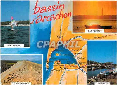 Bassin d'Arcachon — Carta postal turística com vista da duna de Pyla, Arcachon, Cap Ferret e Andernos — editor desconhecido