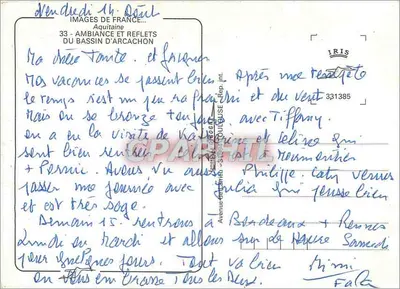 Bassin d'Arcachon — Carta postal turística com vista da duna de Pyla, Arcachon, Cap Ferret e Andernos — editor desconhecido — Verso