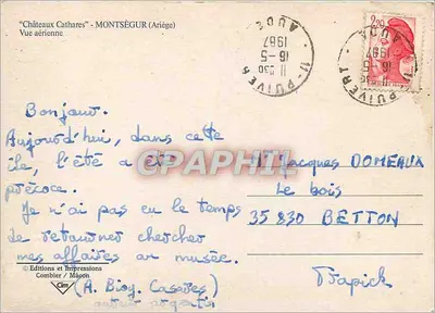 Zamek Montségur — widok z lotu ptaka — Wydawnictwo i Drukarnia Combier / Mason — Rewers