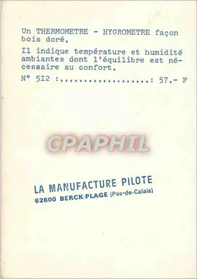 Termômetro-higrômetro decorativo — estilo madeira dourada — editor La Manufacture Pilote, n°512 — Verso