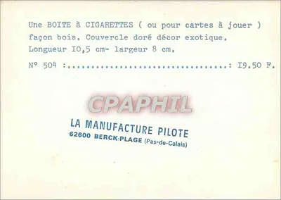 Skrzynka na papierosy (lub na karty do gry) — dekor eksotyczny złoty — La Manufacture Pilote, N° 504 — Rewers