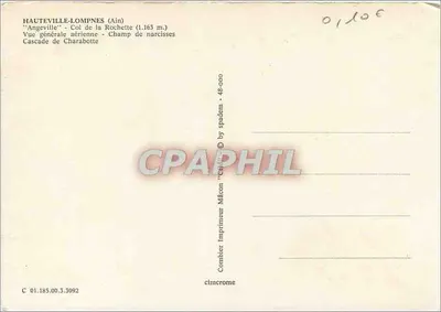 Hauteville-Lompnès — vista aérea, campo de narcisos, cachoeira de Charabotte — Impressor Combier, Mâcon — Verso