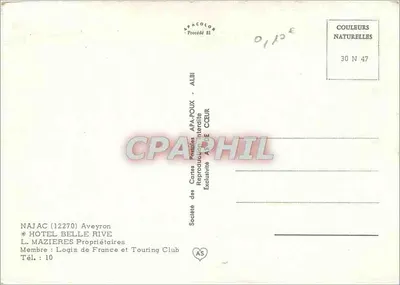 Hotel Belle Rive — Najac, Aveyron — Sociedade das Cartas Postais APA-POUX — Verso