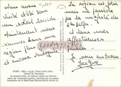 Albi — Basílica Santa Cecília e casa natal de Henri de Toulouse-Lautrec — Sociedade das Cartas Postais APA — Verso