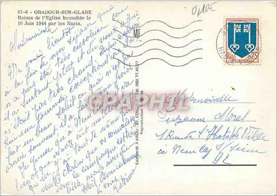 Oradour-sur-Glane — Ruínas da igreja incendiada em 10 de junho de 1944 pelos Nazis — Edição M. FAROU, n° 87-6 — Verso