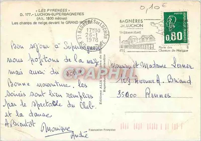 Os campos de neve em frente ao Grand Hôtel de Bagnères-de-Luchon — Editor ALIX, n° D. 177 — Verso