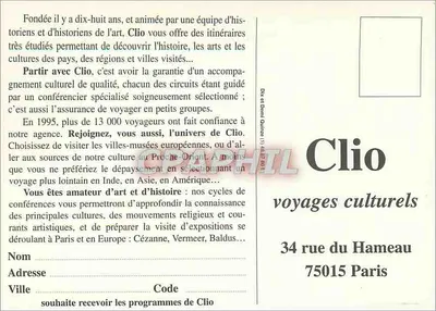 Clio — Viaggi culturali e conferenze — Agenzia Clio, 34 rue du Hameau, 75015 Parigi — Verso