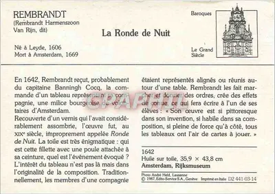 A Noite Circular — Rembrandt Van Rijn — Editor: Editio-Service S.A., Genève, n° D2 441-03-14 — Verso