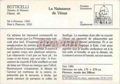 El Nacimiento de Venus — Botticelli — Editor: Photo Giraudon, París — Reverso