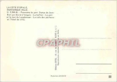 Dunkerque — Panorama do porto, estátua de Jean-Bart, sino, calè dos pescadores e hotel de cidade — Editor Estel, n° H.2.066-R — Verso