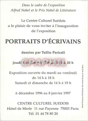 Karakteristisch portret van een schrijver — tekening door Tullio Pericoli — tentoonstelling bij het Zweeds Cultureel Centrum — Achterkant