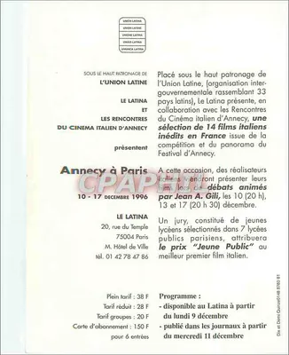 Cinéma Italien 96 — XIVe Rencontres d'Annecy — Hommage à Tati — wydawca Latina — Rewers