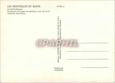 Le Mans (Sarthe) — A fonte da praça dos Jacobinos e uma torre da catedral de São Julião — Edições Valoire, n° 24 509.A — Verso