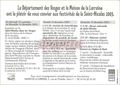 Vosgi w Lotaryngii świętują Świętego Mikołaja — Département des Vosges et Maison de la Lorraine, 2003 — Rewers
