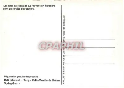 Áreas de descanso da La Prévention Routière — propaganda para Tang, Spring-Gum e Cello-Menthe da Kréma — editor KALLISTE E.S.P. — Verso