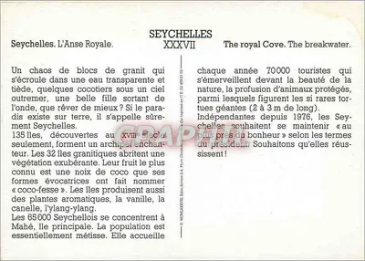 Seychelles. L'Anse Royale — Królewski zakątek. Przylądek. — Wydawca: M.CLAZOTTE Éditions-Seychelles S.A. — Nr XXXVII — Rewers