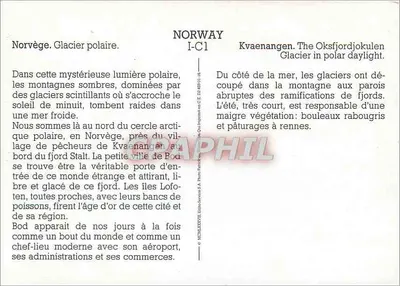 Noruega. Glaciar polar — Kvaenangen, fiordo e montanhas — Editor: E.A. Phan Patrick Service — Verso