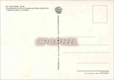 Ales — Vista geral, fonte da Place Gabriel Péri, entrada das Arènes, ponte sobre o Gardon — Éditions S.L. - 81 e 83 rue Maïenta, Villeurbanne — Verso