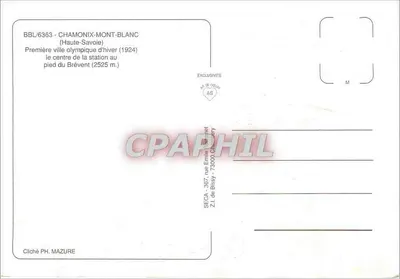 Chamonix-Mont-Blanc — widok z głównej ulicy z górami na tle — wydawca SECA, nr BBL/6363 — Rewers