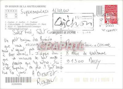 Um cumprimento da Haute-Garonne — Carta postal turística com mapa rodoviário e fotos de locais — Edições Caphil — Verso