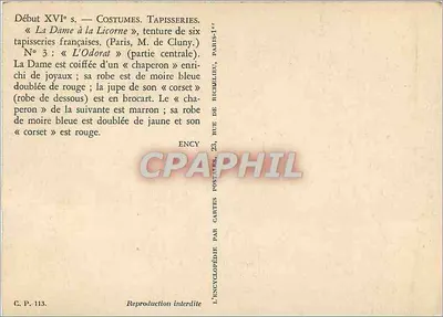 A Dama da Licorne — Tapeçaria de Cluny — Início do século XVI — Editor: Ency, 22, rue de Richelieu, Paris — Verso