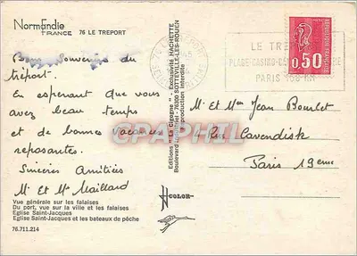 Le Tréport — Vista geral das falésias, da cidade e dos barcos de pesca — Edições 'La Cigogne' Hachette, Boulevard Haussmann, 76300 Le Tréport — Verso
