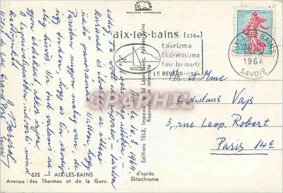 Aix-les-Bains — widok z głównej ulicy z hotelami i górami — Wydawnictwo TÉLÉ, nr 535 — Rewers