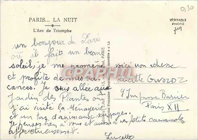 Paryż — Arc de Triomphe — noc — Éditions Françaises, n° 0130 — Rewers