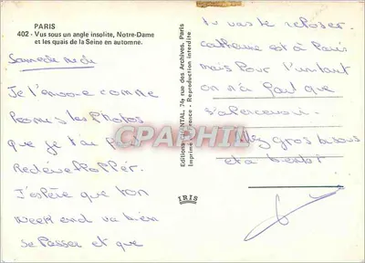 Notre-Dame w Paryżu — widok z niezwykłego kąta, nabrzeża Seiny w jesieni — IRIS, nr 402 — Rewers