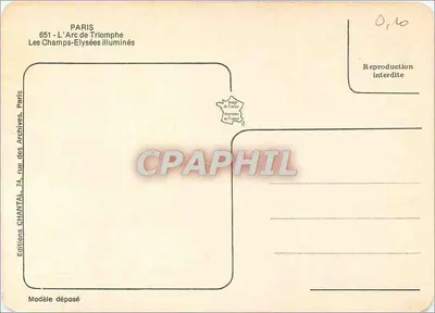 Paris - O Arco do Triunfo iluminado — Edições CHANTAL, n° 651 — Verso
