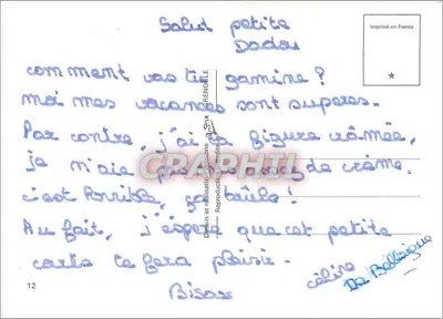 Esqui alpino — Dois esquiadores em teleférico e uma esquiadora embaixo — editor Grenoble — Verso