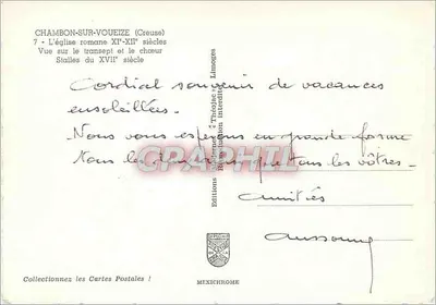 Chambon-sur-Voueize — A igreja romana dos séculos XI-XII, vista sobre o transepto e o coro, bancos do século XVII — Éditions Limoges — Verso