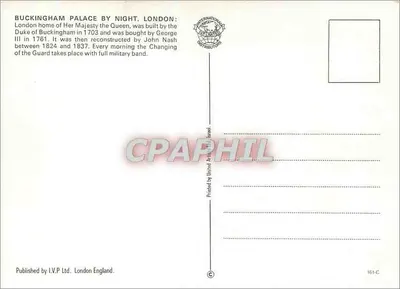 Buckingham Palace w nocy, Londyn — Wydane przez I.V.P. Ltd. Londyn, Wielka Brytania, nr 161-C — Rewers