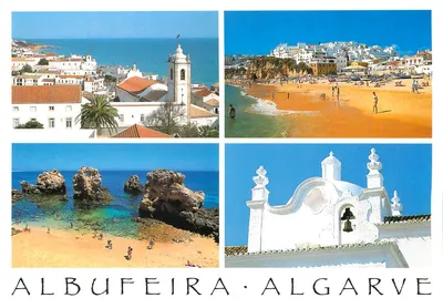 Albufeira - Algarve — vista panorâmica com igreja, praia, rochedos e arquitetura branca — edição Vistal