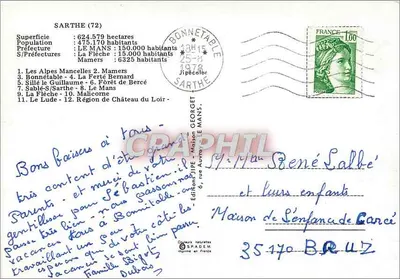 Sarthe Turystyczna — turystyczna kartka pocztowa z mapą szczegółową i zdjęciami miejsc — wydana przez Jipécobr — Rewers