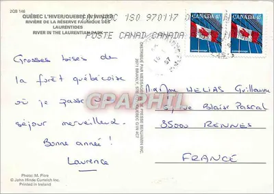Rzeka w zasnowionej lesie — Quebec, Laurentides — Foto M. Pitre, Wydrukowany w Irlandii — Rewers