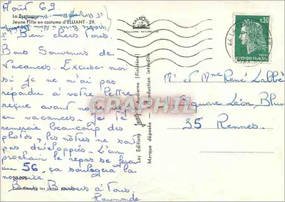 Jovem menina em traje de Elliant — A Bretanha — Edições J. Audierne — Verso