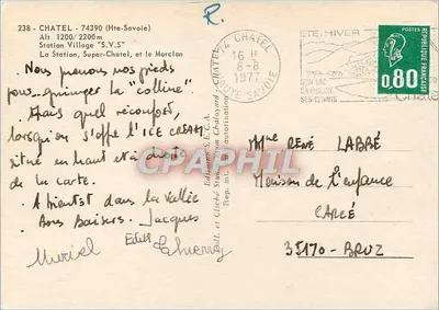 Châtel (Haute-Savoie) — widok z lotu ptaka na wioskę i Mont Blanc — Wydawnictwo S.E.C.A. nr 238 — Rewers