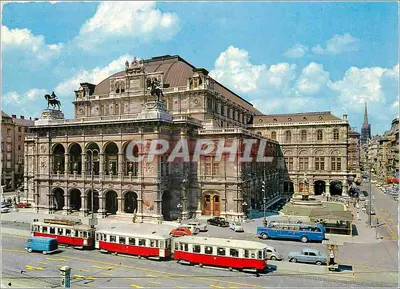 Opery Wiedeńskie — widok fasady z tramwajami — wydawca Vorm. und Druck F. L. Lieger, Wien, n°7