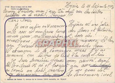 Hyères — calle pintoresca — ediciones de Francia, n° 17142 — Reverso