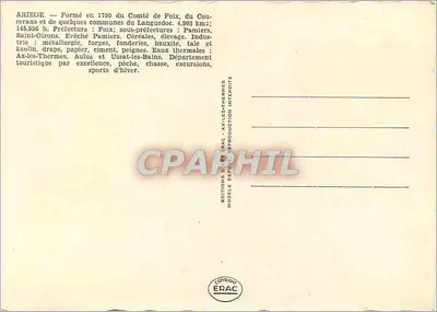 Pirineus Ariégeois — Carte postal turística ilustrada — Edições de Ax-les-Thermes — Verso