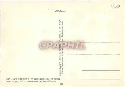 Les Gorges pittoresques du Verdon — Route des Crêtes surplombant le Grand Canyon — Édition TARDY — Verso