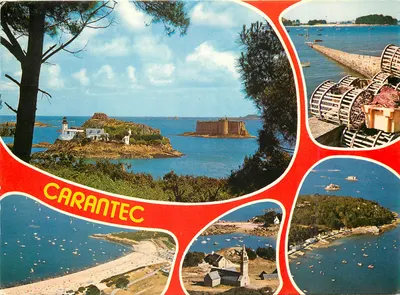 Carantec — vista panorâmica com farol, castelo, praia e porto — editor desconhecido, número de série não visível