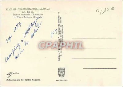 Place Brosson oświetlona — Stacja wodna Auvergne — Wydawnictwo Hachette — Rewers