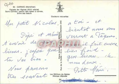 Carnac (Morbihan) — Facha de la iglesia del siglo XVII, San Cornély patrón de los animales con cuernos — Pierre Artour y Cie editores — Reverso