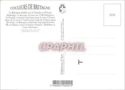 Carte postale de la Bretagne — carte géographique avec illustration de deux enfants — Éditions d'Art Bretonne, n° 2214 — Verso