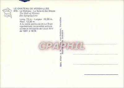 O Castelo de Versalhes — A Galeria dos Espelhos — Editor A. P. Paris, n° 410 — Verso