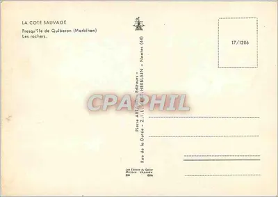 A Costa Selvagem — Península de Quiberon (Morbihan) — Os rochedos — Editor Pierre Arlaud, Nantes — Verso