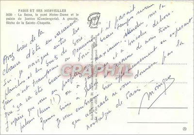 París y sus maravillas — La Senna, el puente Notre-Dame y el palacio de Justicia (Conciergerie) — Guy, n° 5039 — Reverso